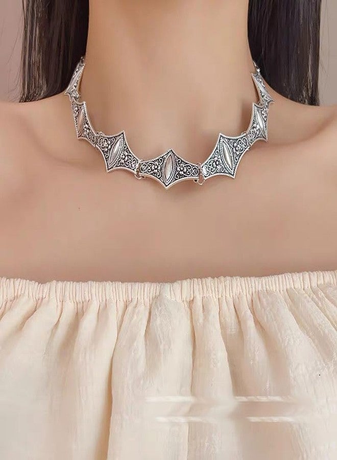 Cykdohy Short Oxidized Filigree Choker Statement Necklace for Women Men Ancient Punk Gothic Patterns Geometric Neck Chain Collar Bib Vintage Retro Necklaces Inidan Traditional Bollywood Gypsy Jewelry (Ancient Silver) - Image 2